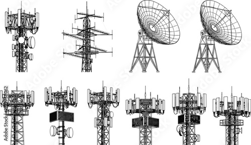WebVector black line illustrations of telecommunications towers, cellular base stations, radio masts, satellite dishes and antenna equipment for network communication.