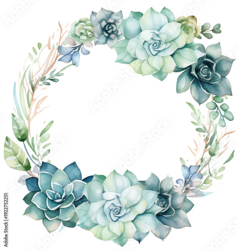 Elegant watercolor wreath of tranquil foliage and succulents in soft green and blue hues. Decorative visual highlights nature charm with an artistic craft approach. For decor, invitations, or design