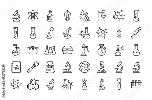 Chemistry Laboratory Outline Icons Set Isolated on White Background Vector Illustration