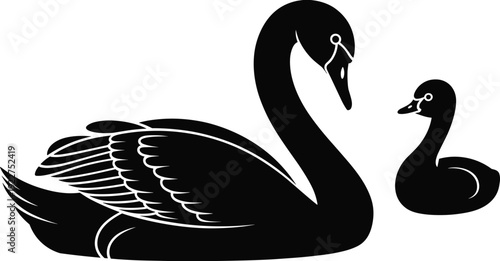 WebTwo black swan silhouettes featuring a large mother swan and a small baby cygnet with elegant curved necks isolated on a white background.