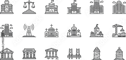 WebGovernment and public buildings icon set, courthouse city hall church bridge construction architecture line vector illustration collection