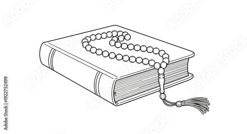 A closed book with a prayer rosary on top symbolizing spirituality and devotion in a simple line drawing