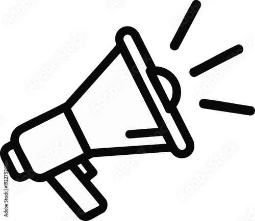A bold line art icon of a megaphone emitting sound waves