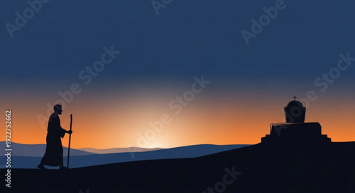 Silhouetted figure walking towards monument at serene sunset with staff in hand peaceful landscape and vibrant orange sky