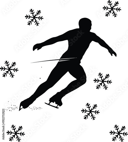 A black silhouette of a figure skater gliding across the ice surrounded by snowflakes silhouette