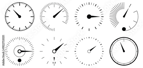 Speedometer vector icon set featuring gauges for vehicle dashboards, automotive instrument design