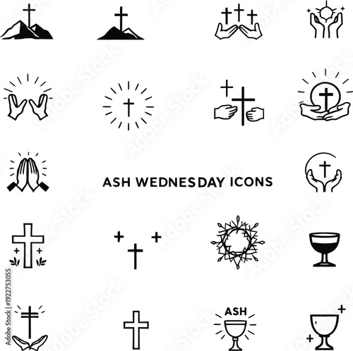 A collection of Ash Wednesday icons featuring crosses and religious symbols in silhouette on a white background
