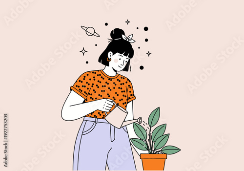 Woman Watering Houseplant Growth and Care