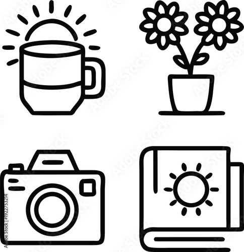Minimal outline icon set with coffee cup flowers camera sun and journal symbolizing romanticizing life daily moments creativity aesthetic lifestyle and cozy inspiration.