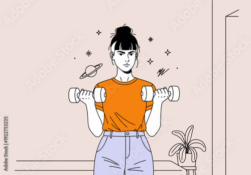 Young Woman Lifting Dumbbells Fitness Motivation