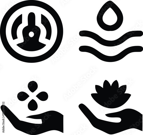Minimal mindfulness icon set with lotus flower calm waves open hand breathing symbol and water drop representing meditation wellness balance relaxation and spiritual harmony.