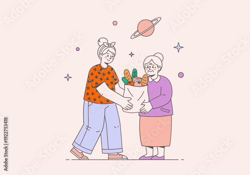 Intergenerational Grocery Assistance Care Illustration