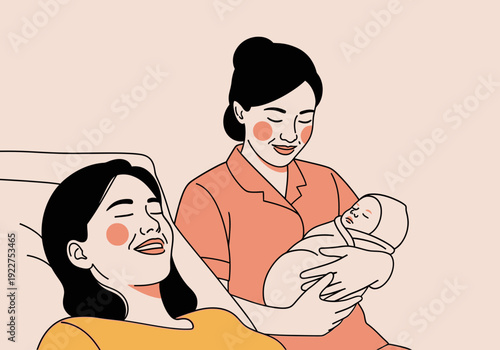 Happy Mother Newborn Baby with Nurse Postpartum Care Illustration