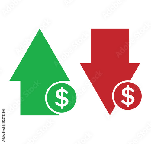 Green dollar symbol with up arrow and red doller with down arrows isolated on white background.
