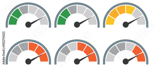Speedometer gauge icons vector set with green, yellow, orange, and red levels, representing vehicle performance