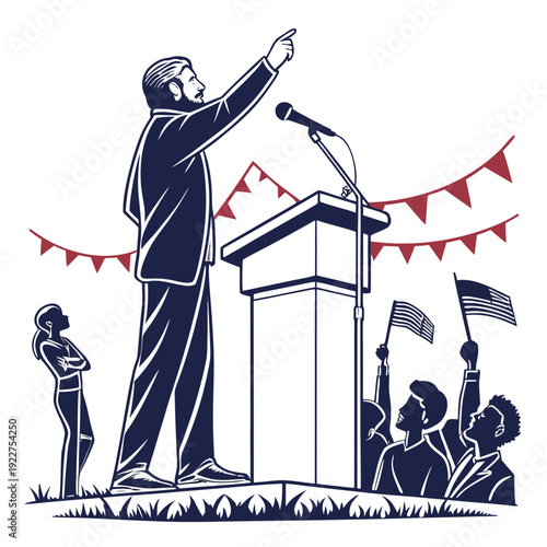 A man giving a speech at a podium with people in the audience