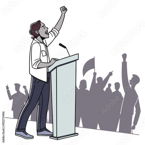 A man giving a speech to a crowd of people