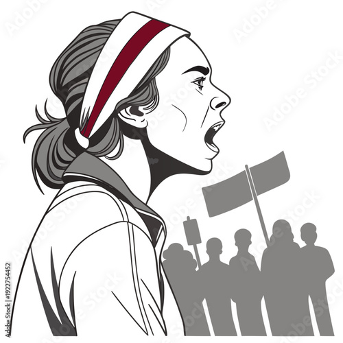 A woman with a red white and blue headband yelling at a protest