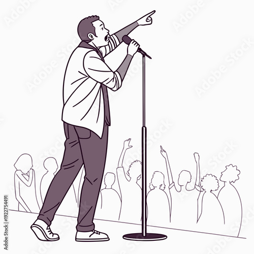 A man sings into a microphone on stage
