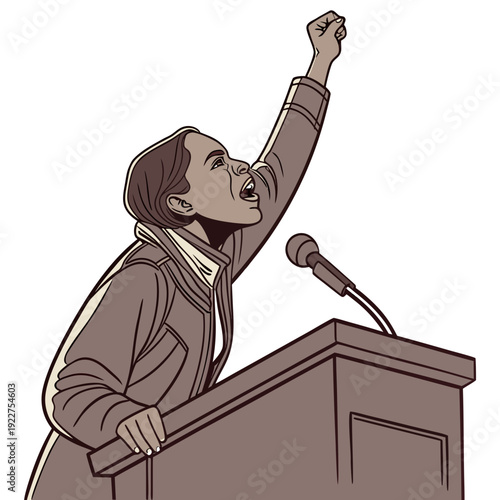 A man standing at a podium with his fist raised