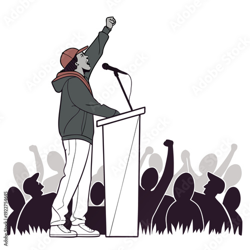 A man in a crowd gives a passionate speech from a podium