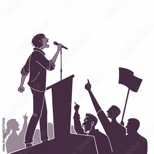 A man speaks to a crowd from a podium with people waving and holding a flag