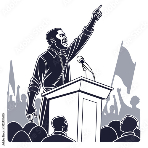 A man in a coat stands at a podium addressing a crowd