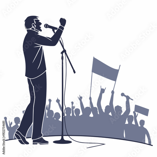 A man sings into a microphone in front of a crowd