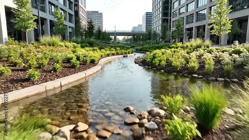 Lush Urban Drainage System Mimics Natural Water Flow Through Greenery and Modern Architecture