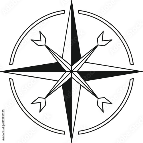 Simple black and white vector outline of a traditional compass rose