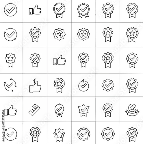 Various line icons for approval, quality assurance, and verified content, including checkmarks, badges, and thumbs up gestures