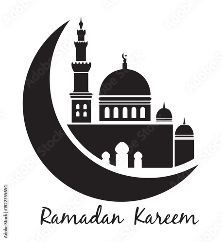 Black silhouette of a Islamic mosque and crescent with lanterns Ramadan Kareem illustration Vector Illustrations