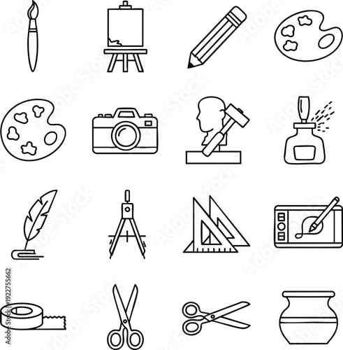 Collection of black and white outline icons representing various artistic and creative tools for design, drawing, and crafting projects