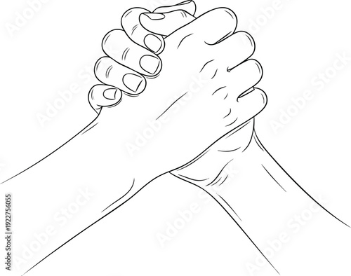 Two hands are clasped together in a strong grip, representing unity, collaboration, or a challenging contest