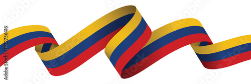 Colombia flag colored wavy ribbon isolated on white background, patriotic yellow blue and red national banner design element for celebration concept