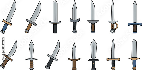 Sword weapon icon set flat vector collection of medieval blades and daggers isolated on light background