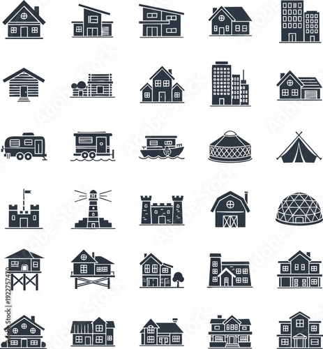 Diverse dwellings icons set. Illustration showcasing various building types like house, skyscraper, yurt, lighthouse, and castles