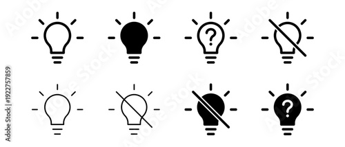 Creative light bulb icon set representing ideas, solution, innovation, creativity, thinking, inspiration, insight, and failure with line and solid black styles.