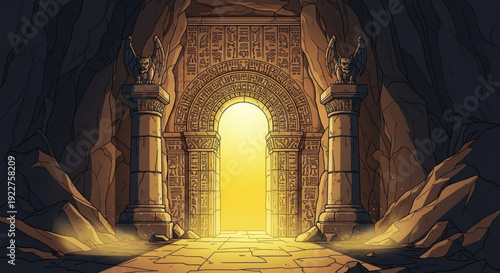 Ancient stone archway with intricate carvings and columns leading to a bright golden doorway in a mysterious cave