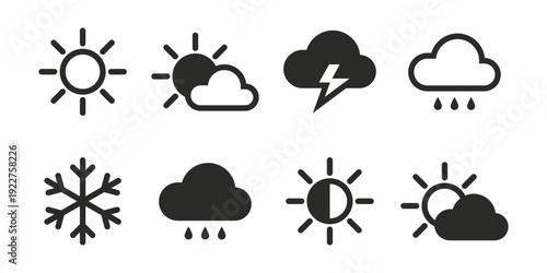 Minimalist black weather icon set featuring sun, clouds, rain, storm, and snowflake for forecast and mobile app design and dashboards
