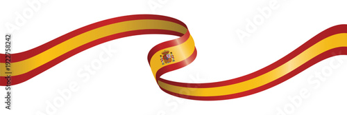 Spain flag colored horizontal wavy ribbon banner isolated on white background, patriotic Spanish national stripe design element for celebration concept