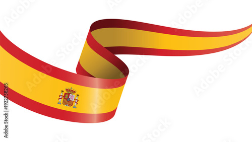 Spain flag colored wavy ribbon with national coat of arms isolated on white background, patriotic Spanish banner design element for celebration concept