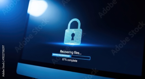 Computer screen displaying a padlock with recovering files progress bar on a dark background with blue glow and spotlight