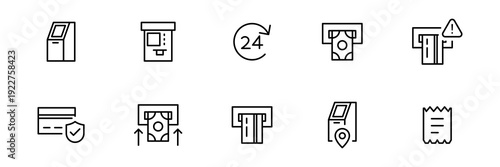 ATM and cash machine line icons set with ATM functions, withdrawal, deposit, credit card, security, receipt and 24-hour service symbols for banking apps, web outline icons. editable stroke