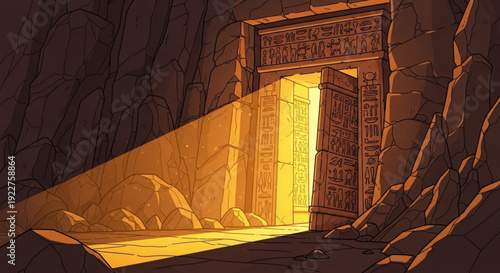 Ancient egyptian temple entrance with intricate hieroglyphics and a beam of light shining through the doorway into a dark cave
