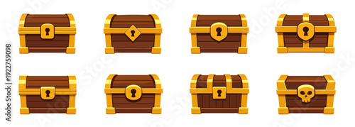 Set of wooden chests in cartoon style. Treasure pirate chests with gold parts in different shape