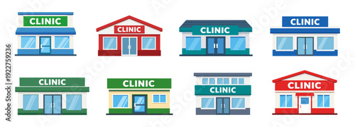 Clinic building collection in flat cartoon style featuring medical clinics with clean and modern facades for healthcare and hospital concepts