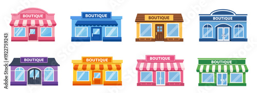 Boutique store building collection in flat cartoon style featuring small fashion shops with decorative storefronts for retail and lifestyle projects