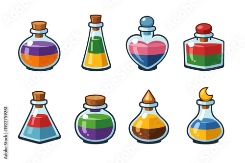 Potion icon collection in cartoon style. Potion set in different shape and color