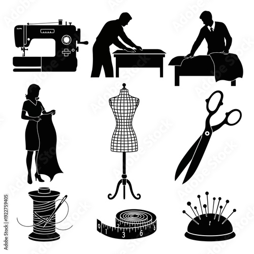 Black Silhouette Vector Icons of Tailoring and Fashion Equipment Including Sewing Machine, Dress Form, Scissors, Buttons and Accessories in Flat Design Style